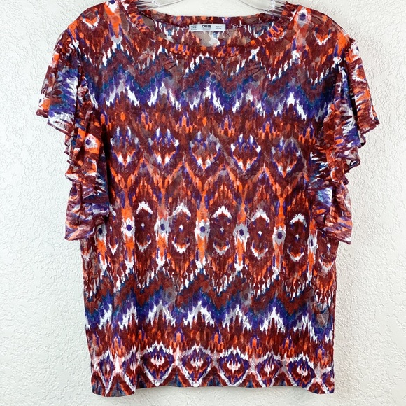Zara red burgundy Aztec Floral Lace ruffle top M - Picture 1 of 6